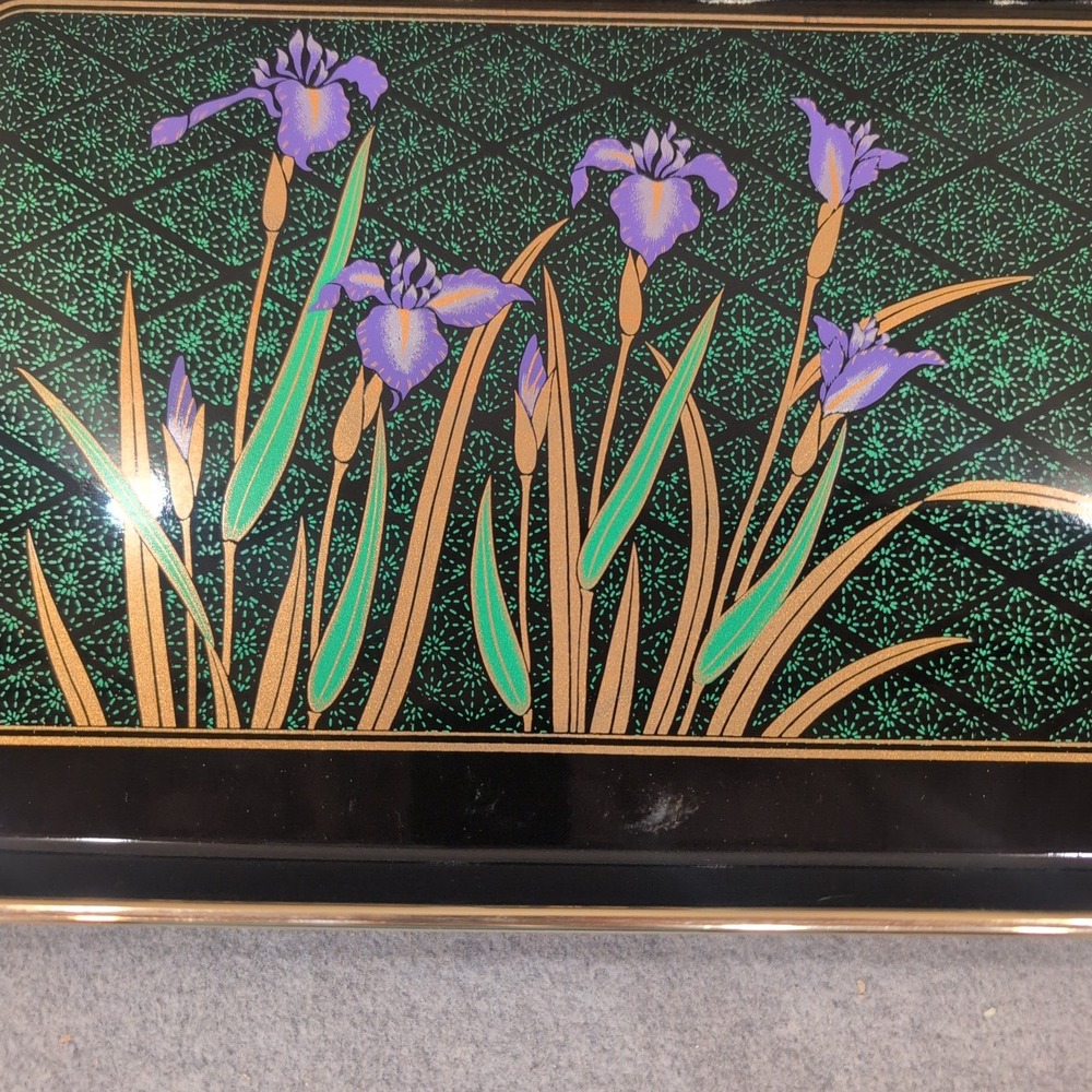 Vintage Japanese Style Black Lacquer Nesting Serving Trays Purple Iris Set of 3 - Picture 3 of 9